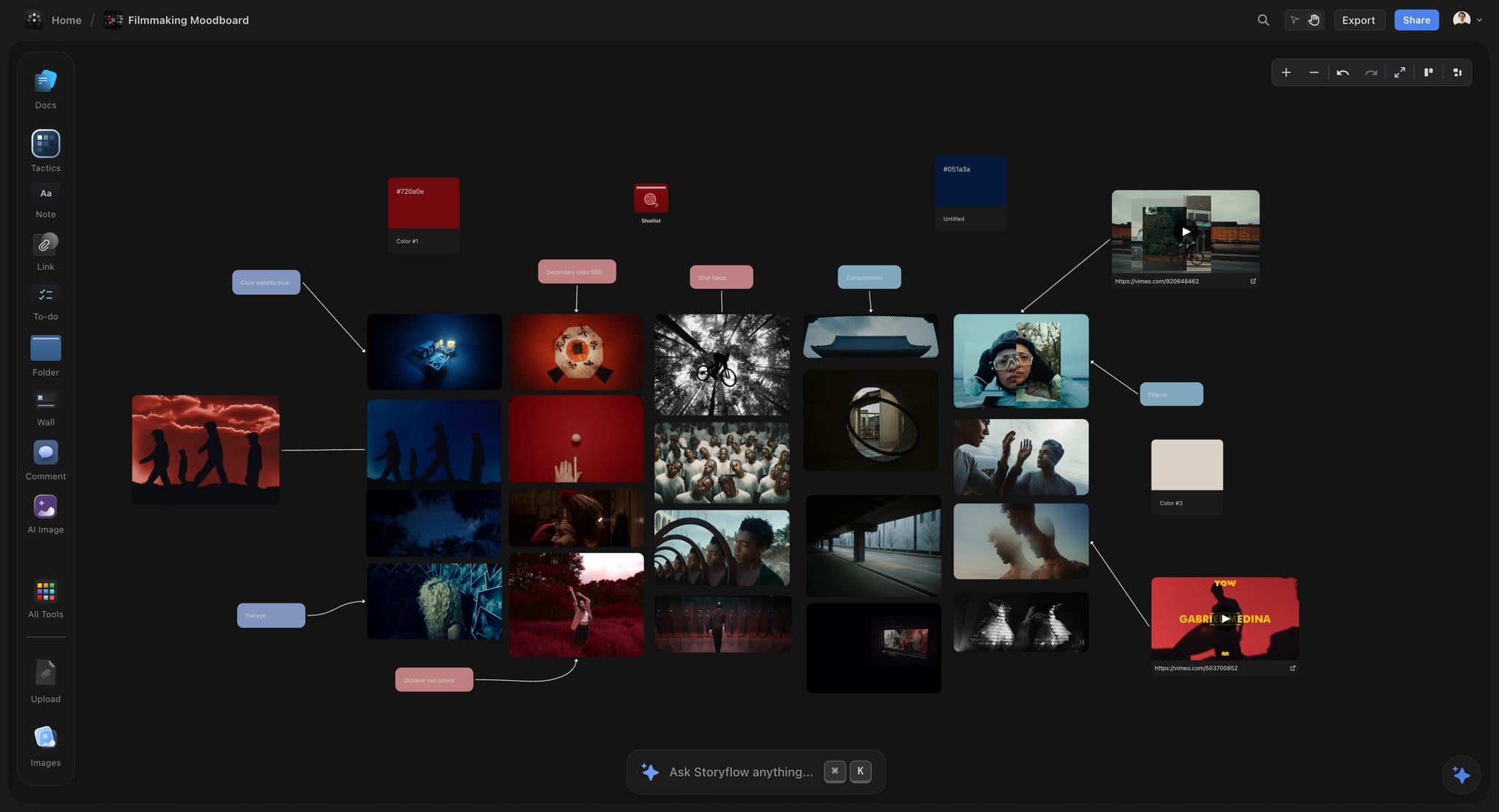 Storyflow whiteboard with a film moodboard arranged across the canvas