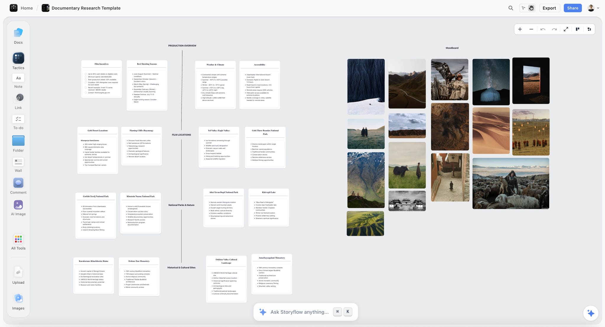 A Storyflow filmmaking research board with stills, links and notes gathered for one project, the holding place for frames found across several libraries.