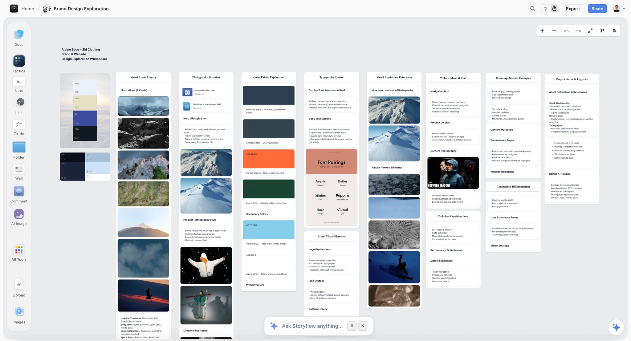 A Storyflow board with brand design exploration, palette notes and references side by side