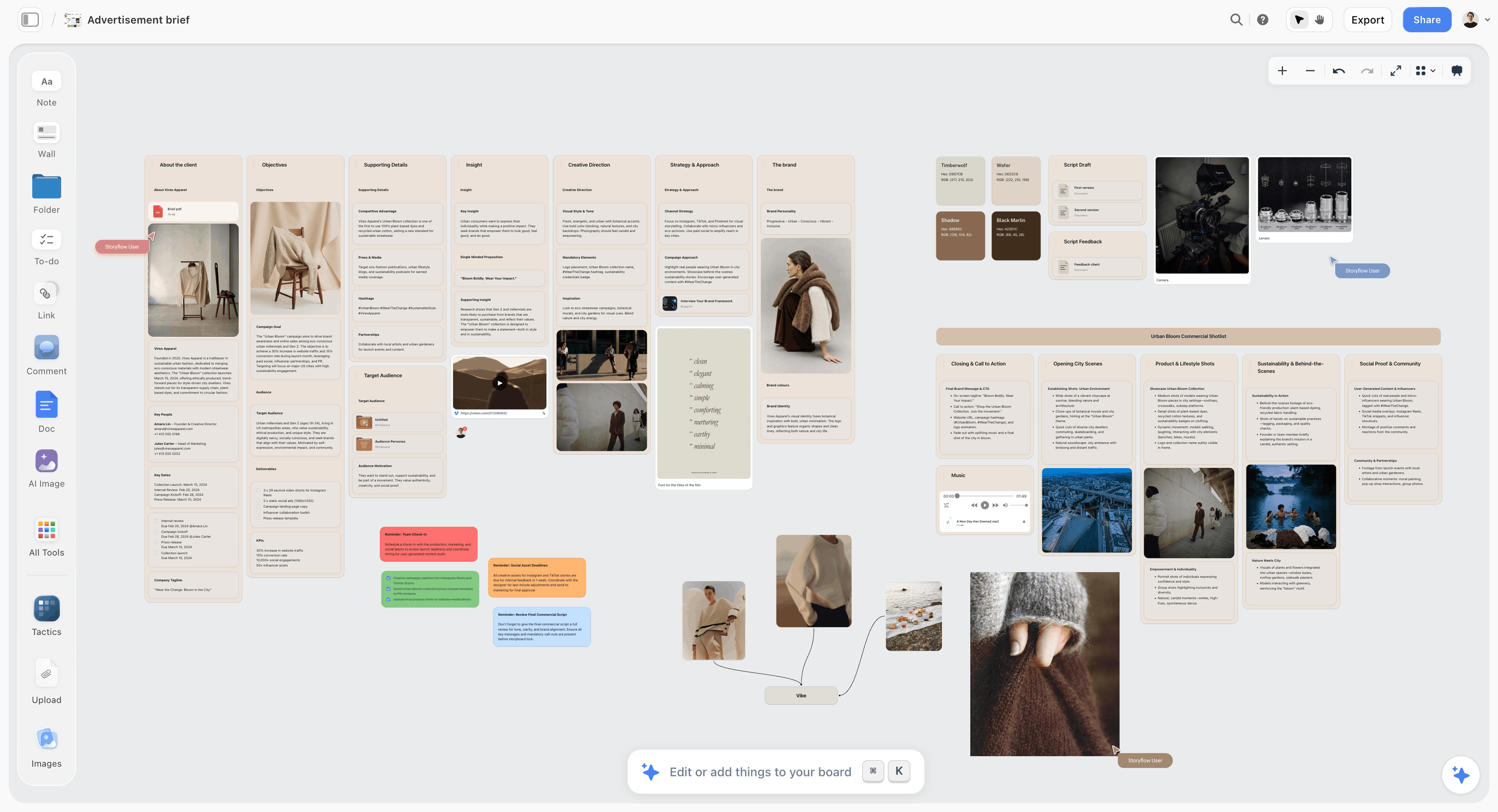 Storyflow canvas with a commercial brief, mood board, and storyboard frames in one place