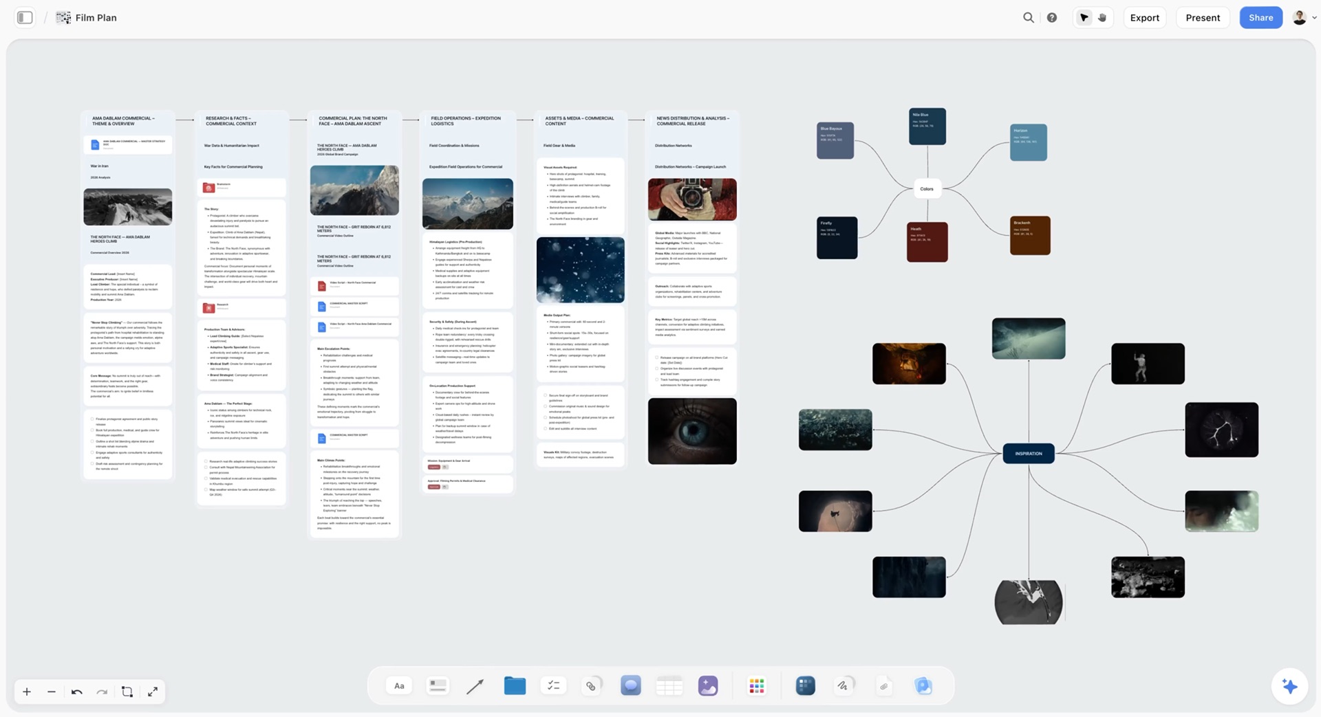 A Storyflow film plan board with six section walls joined by arrows, a colour palette map and an inspiration mind map of reference images, the whole creative project in one place