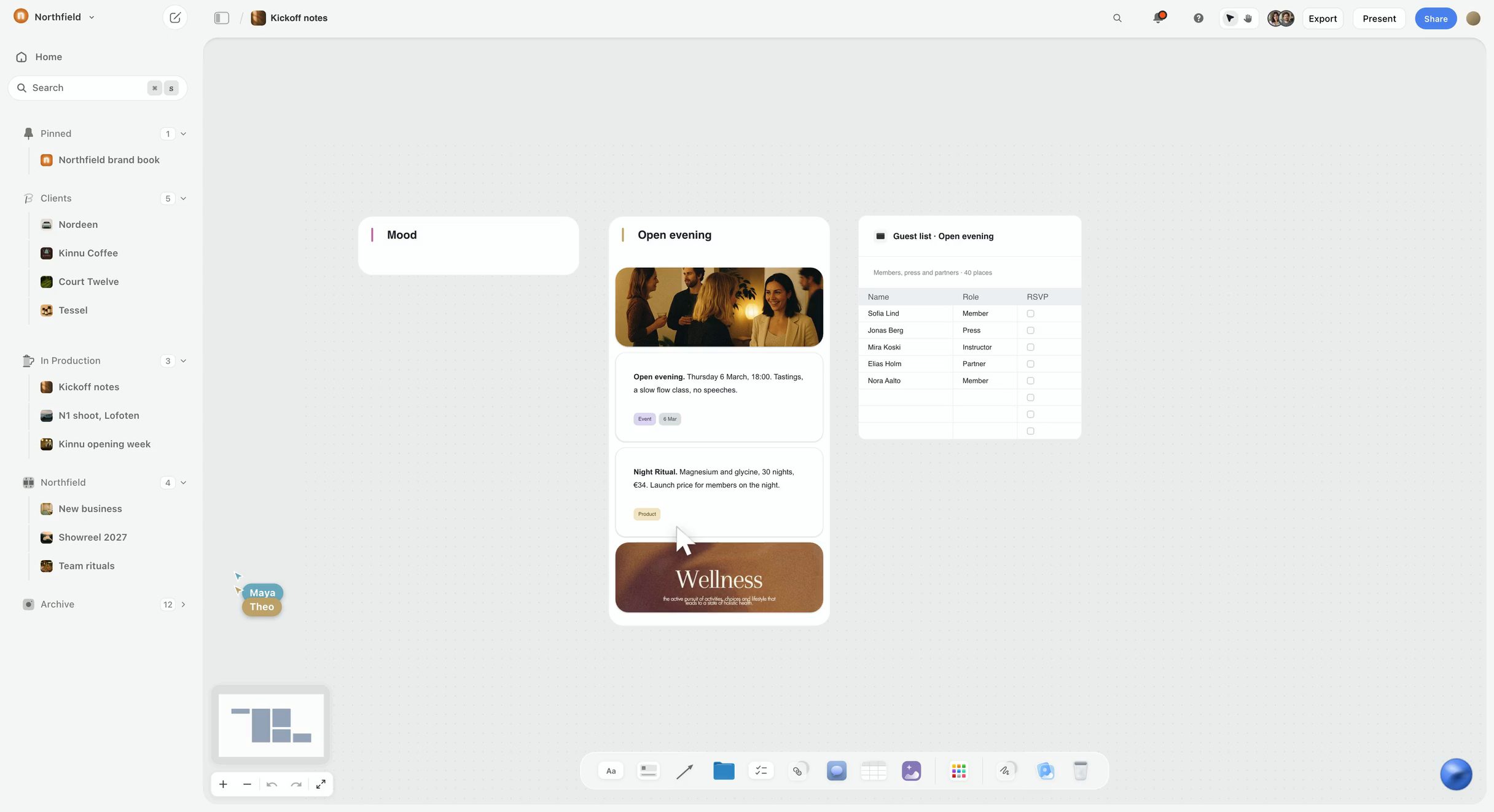 A Storyflow board for a client launch event with a Mood wall, an Open evening wall of notes and images and a guest-list table, the kind of campaign map the AI lays out from kickoff notes