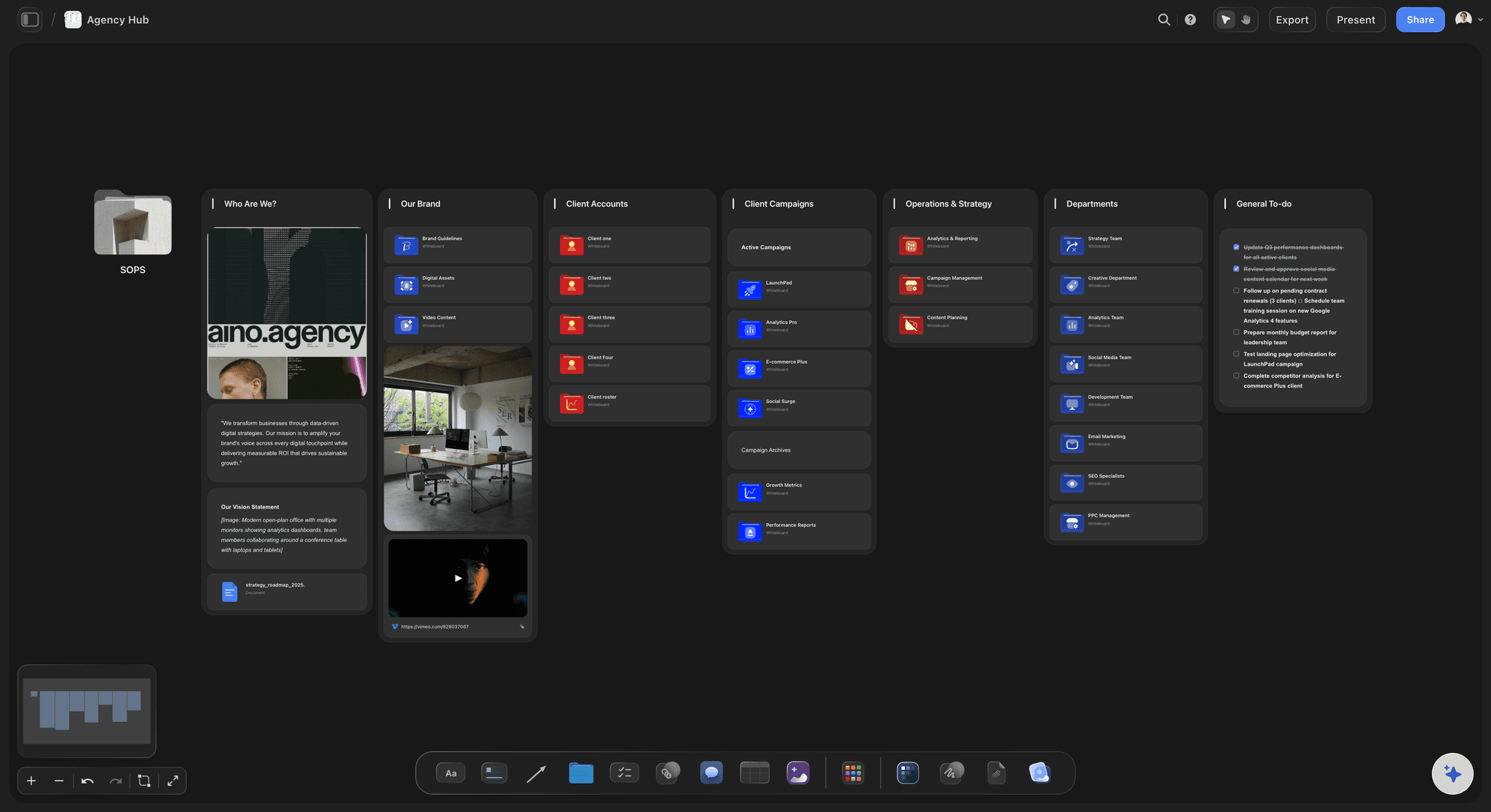 Storyflow Agency Hub template showing a client roster, project lanes, brief notes, reference links, and a team status section on one infinite canvas.