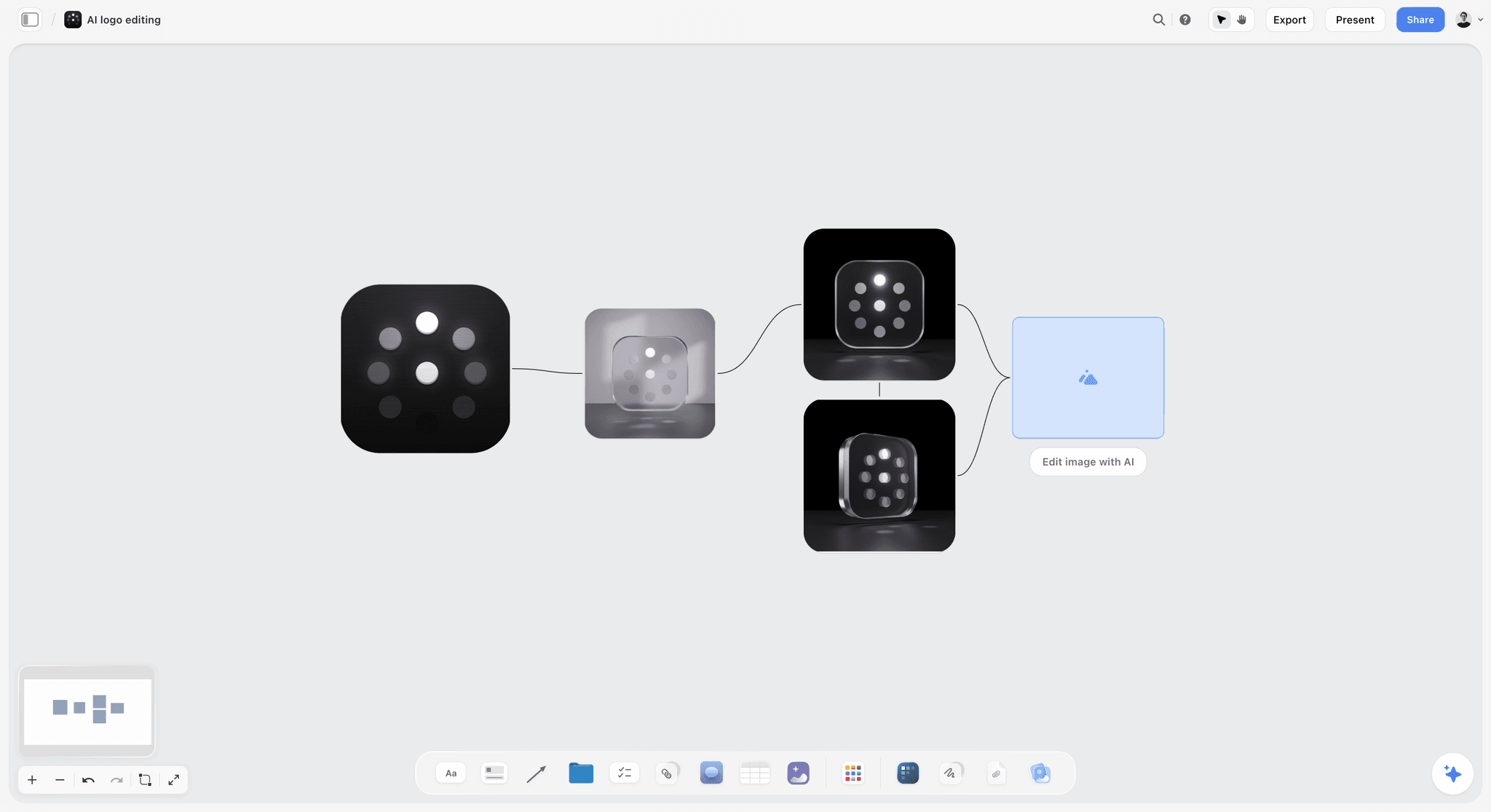An AI image editing chain on a Storyflow board where one app icon is connected to three rendered variants and an empty slot for the next edit, the exploration that happens before final artwork is built in Illustrator or Photoshop