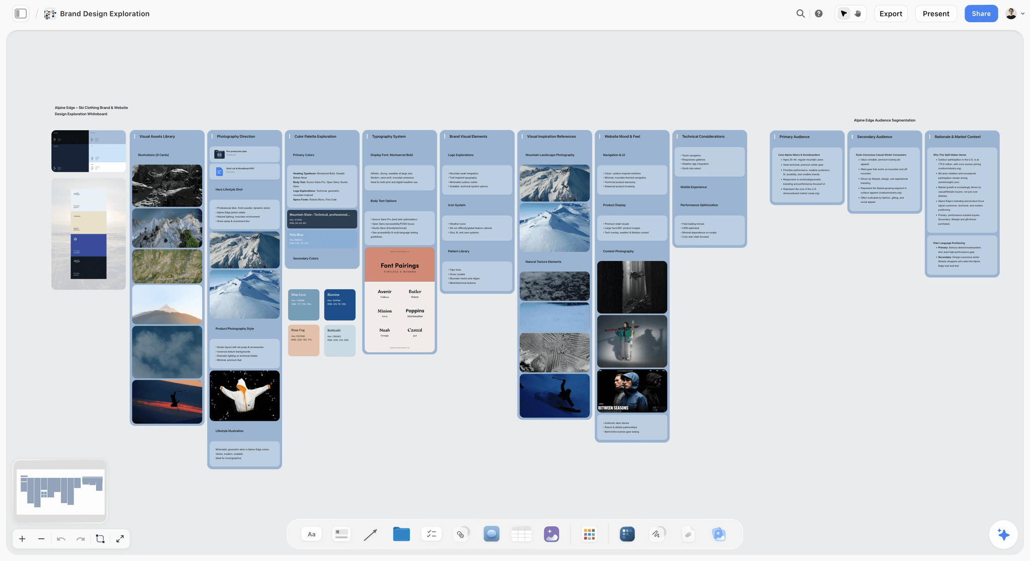 A brand design exploration board in Storyflow for a ski clothing brand, with reference photography, a colour palette with hex codes, font pairings and website direction on one canvas, the software half of a designer's workspace