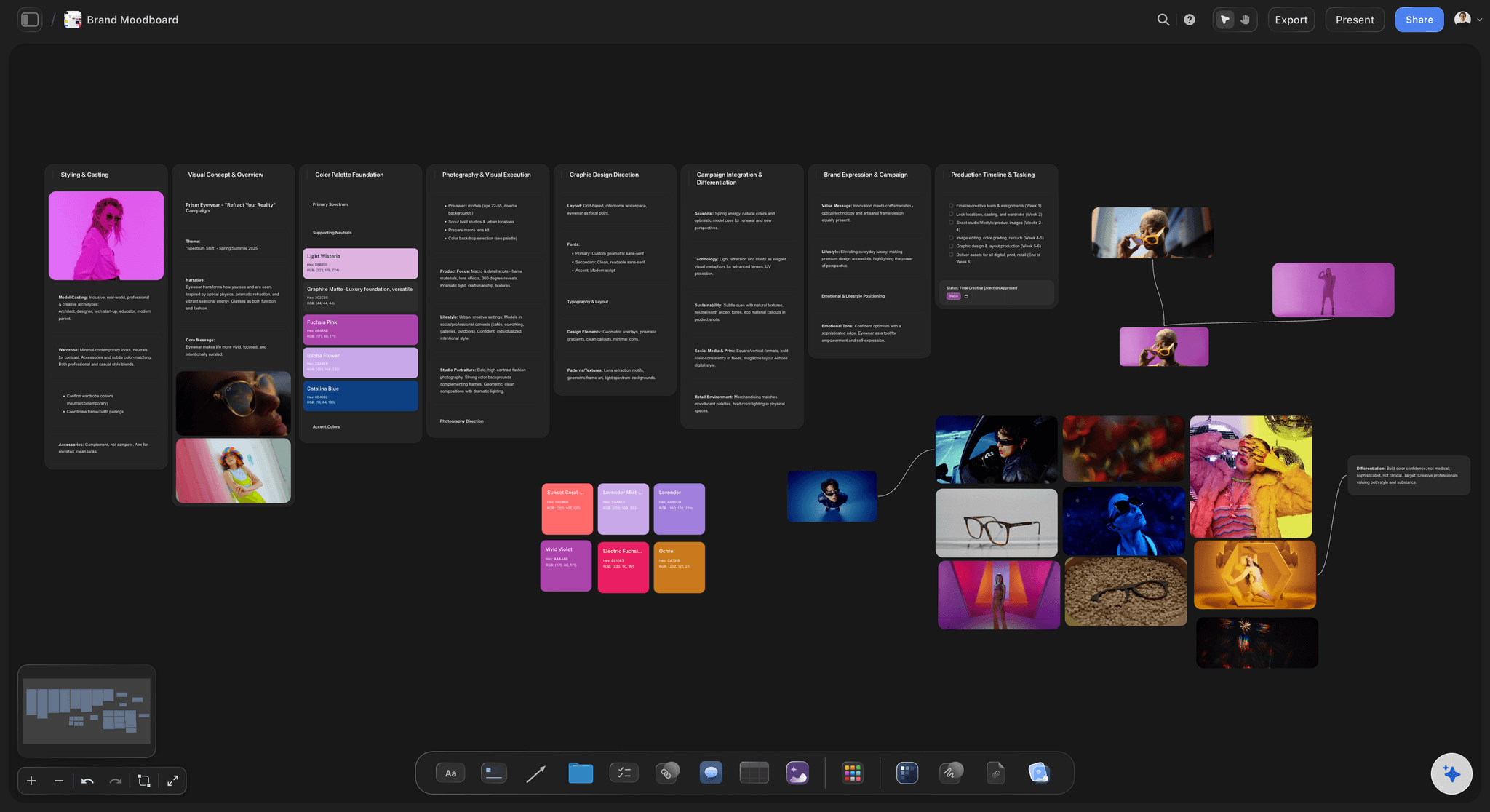 Brand Moodboard template on the Storyflow canvas with sections for color palette, typography, logo references, and imagery