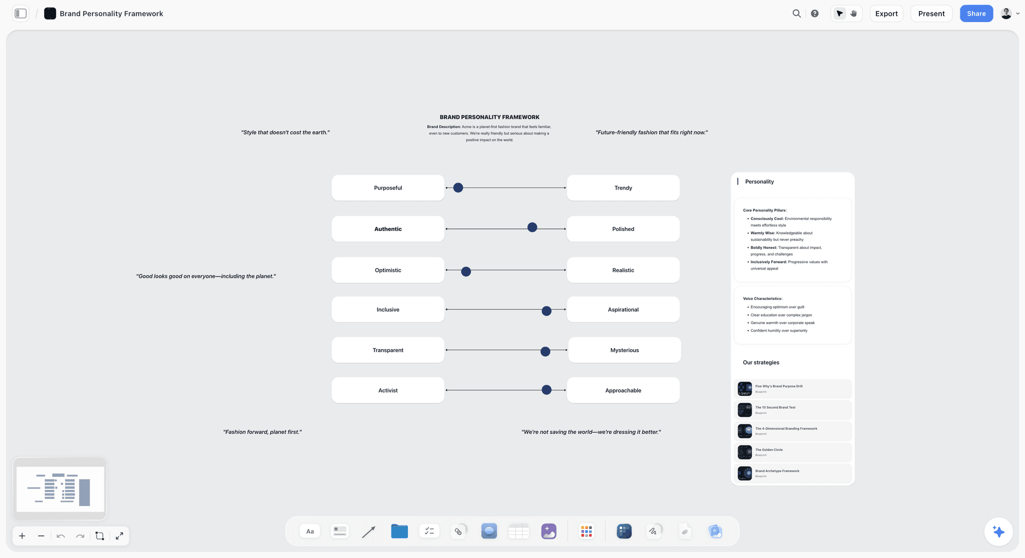 Storyflow brand board with voice traits and examples as cards