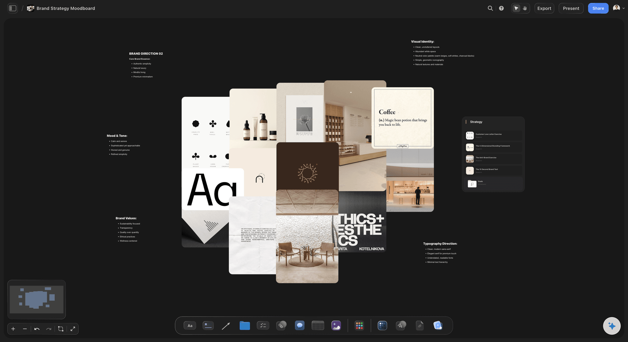 Brand Strategy Moodboard template on a Storyflow canvas showing labeled zones for positioning, audience, and voice next to a color palette, typography, and reference images.