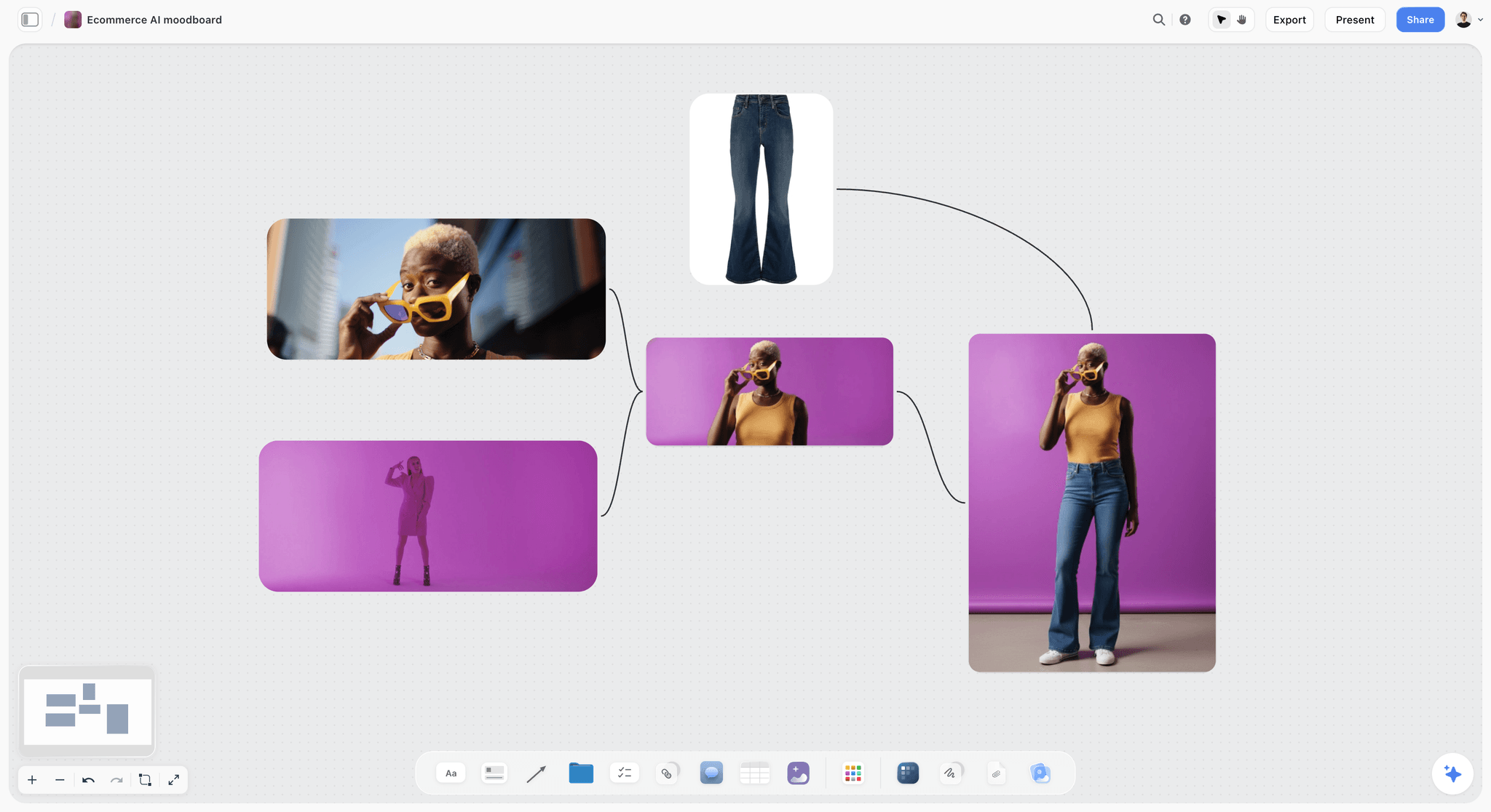 A Storyflow board where a product photo of jeans and photos of a model are joined into one generated image of the model wearing them against a purple wall, the kind of generated wardrobe reference that must be labelled as generated.