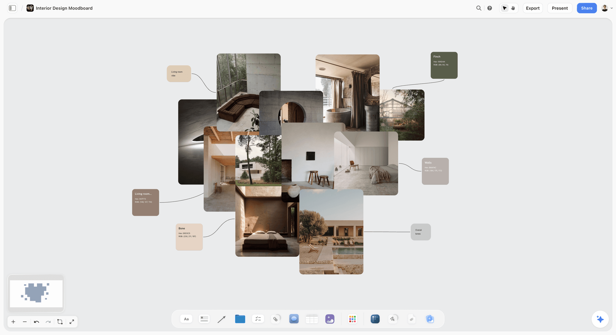 A Storyflow interior design moodboard, a collage of interior photographs with colour swatch notes joined to the rooms they describe, which is the mood half of an interiors board, while the sourcing list is the half Morpholio Board adds.