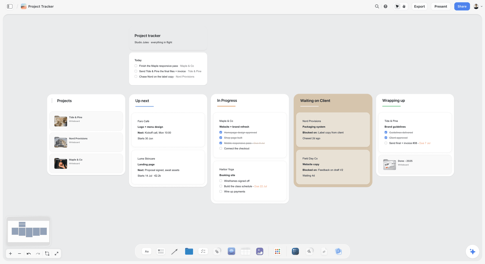 A Storyflow project tracker board with stages and dates laid out as columns, a way to keep revision rounds and their deadlines in one place next to the storyboard.