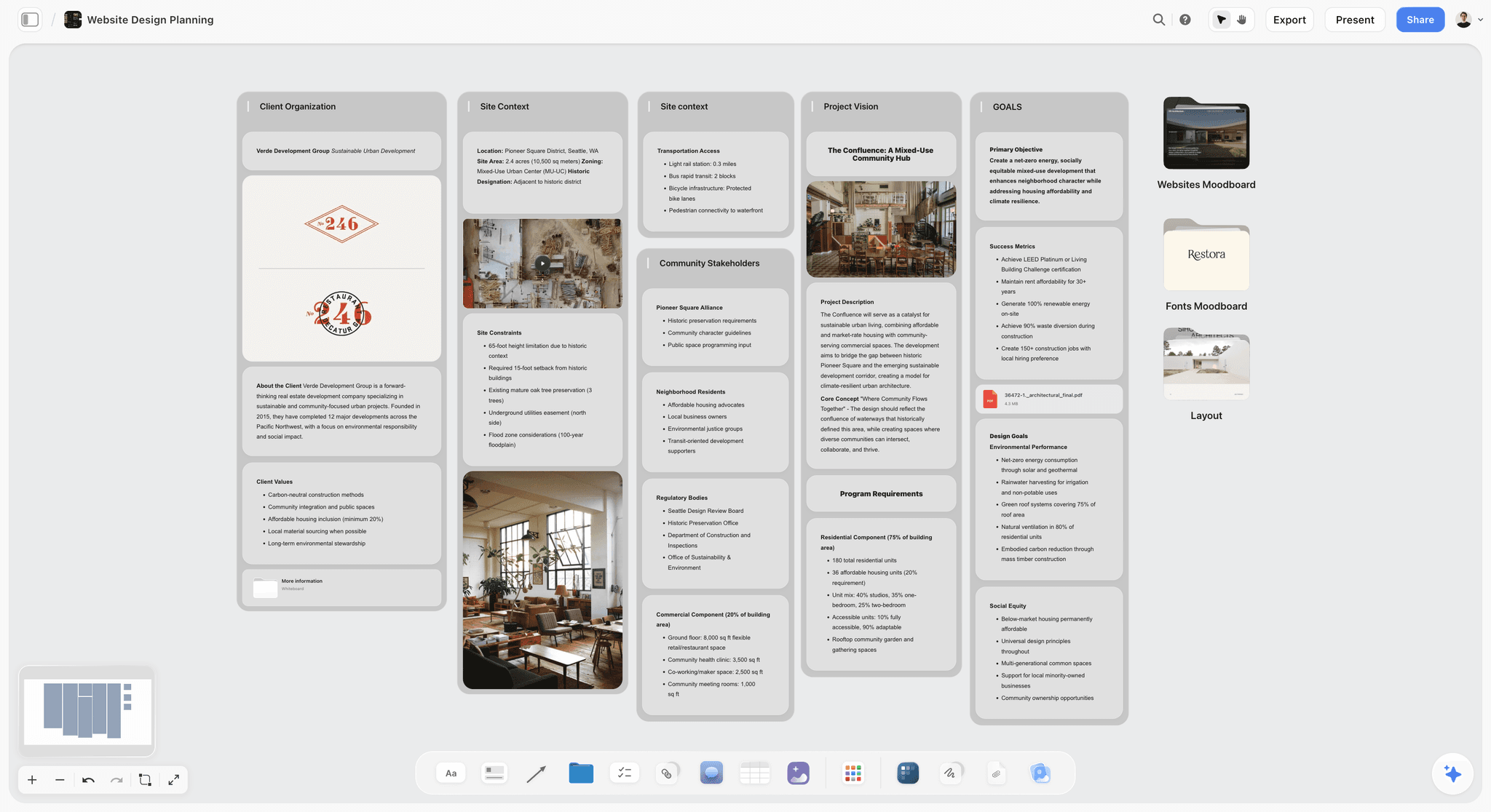 A website design planning board in Storyflow with the client's marks, site context, project vision and goals laid out as walls, the planning that has to exist before the first Figma frame