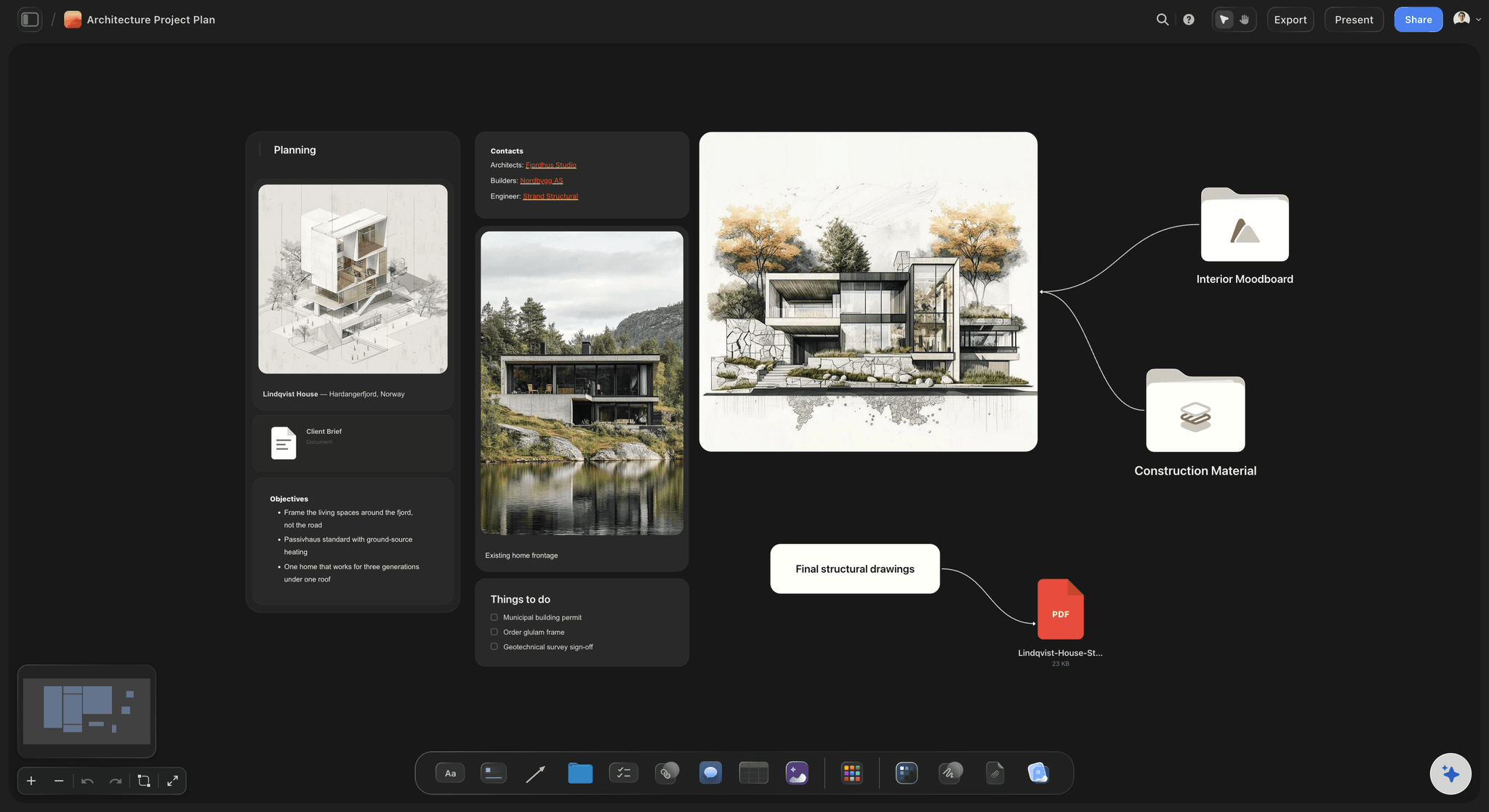 Architectural project plan on the Storyflow canvas with phases, milestones, deliverables, team roles, and a project timeline