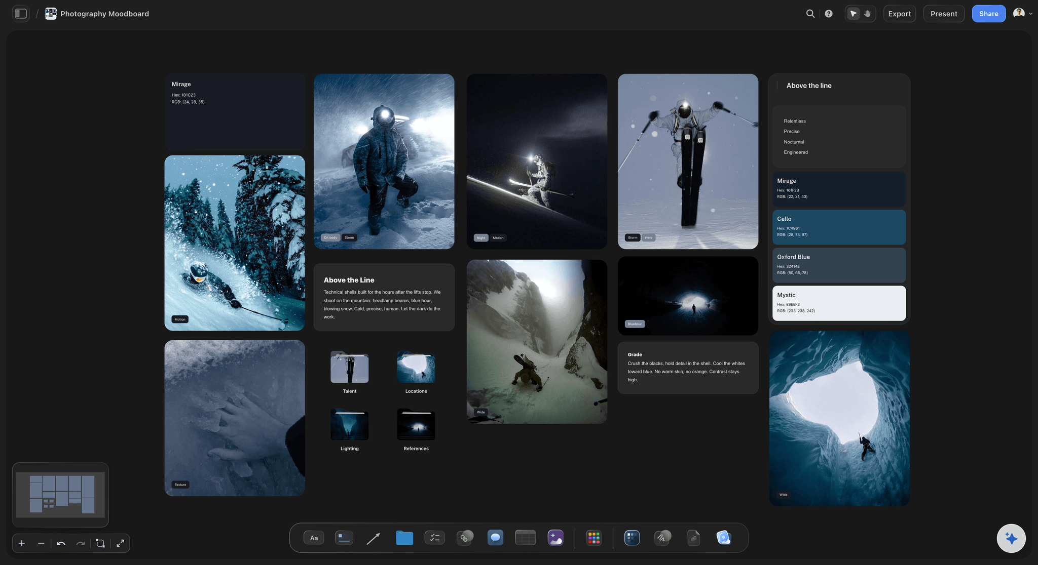 Photography moodboard on the Storyflow canvas with a reference image grid, a color palette, direction notes, and folders for talent, locations, and lighting