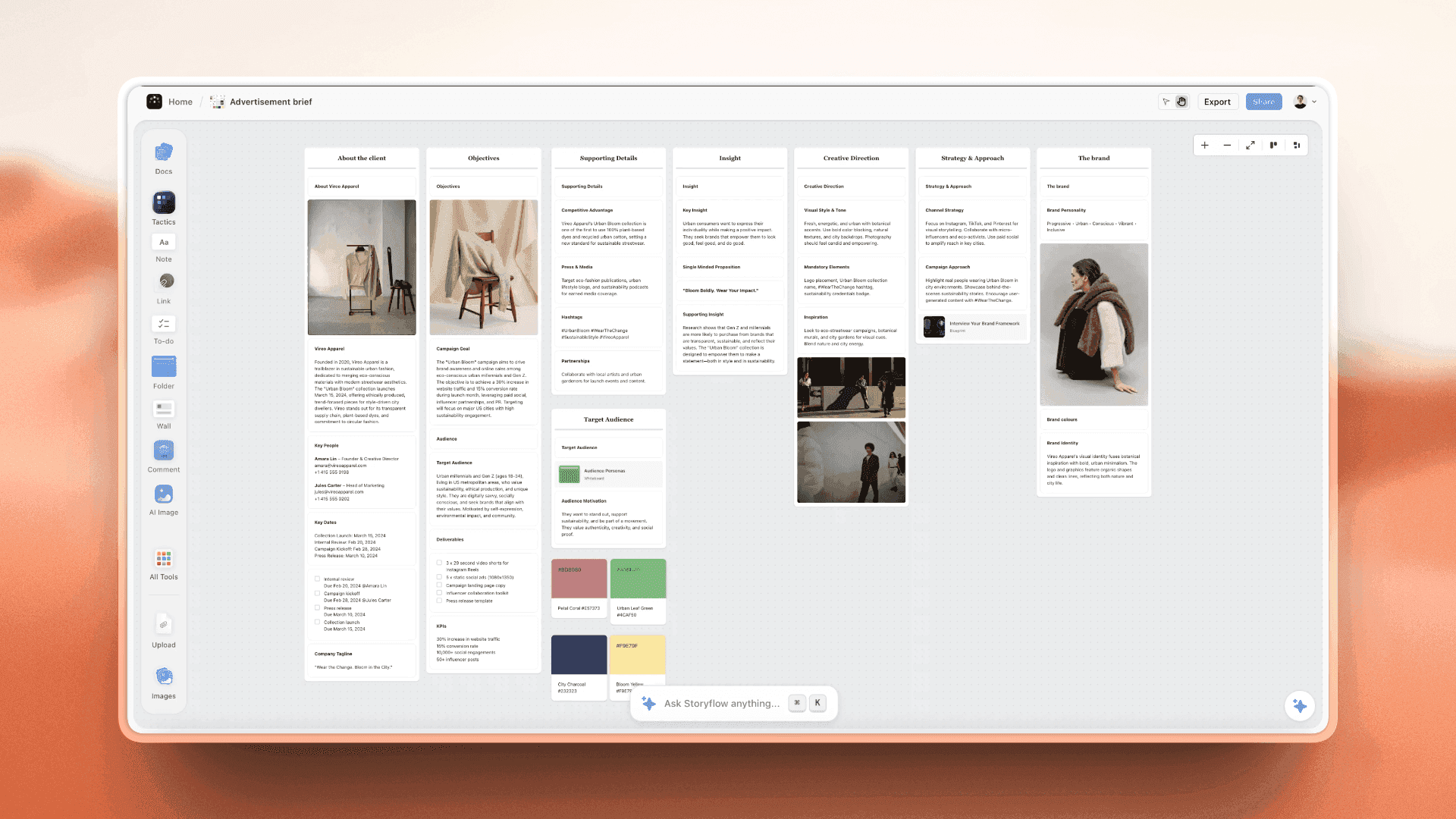 An advertisement brief on a Storyflow board for a fashion client, with walls for the client, objectives, insight, creative direction, strategy and the brand, plus product photos and a colour palette, which is the brief and the references living on one canvas