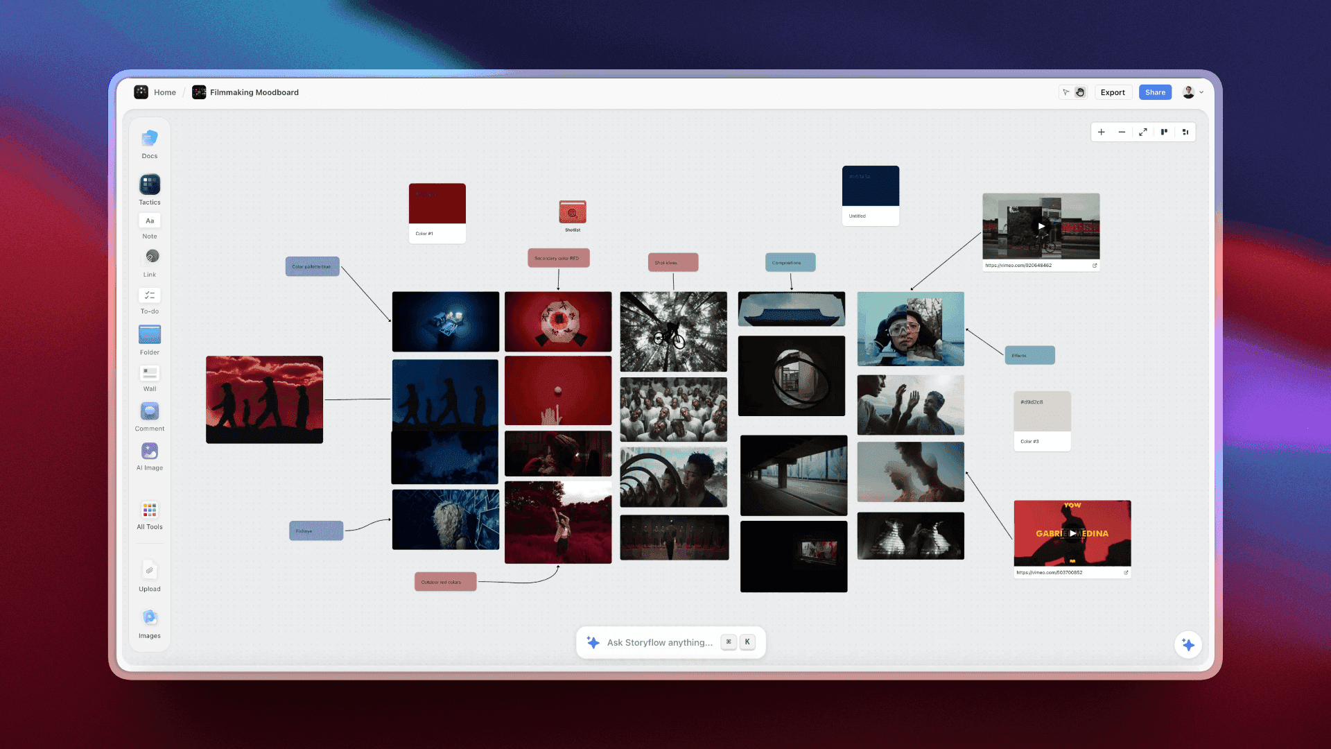 A Storyflow board built by a filmmaker with storyboard walls, reference stills and planning notes side by side, the setup that keeps each reference frame next to its shot.