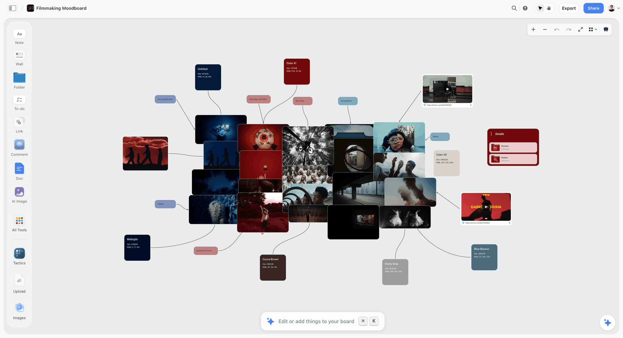 A Storyflow board for filmmakers with storyboard panels, reference images and shot notes laid out side by side on one canvas.