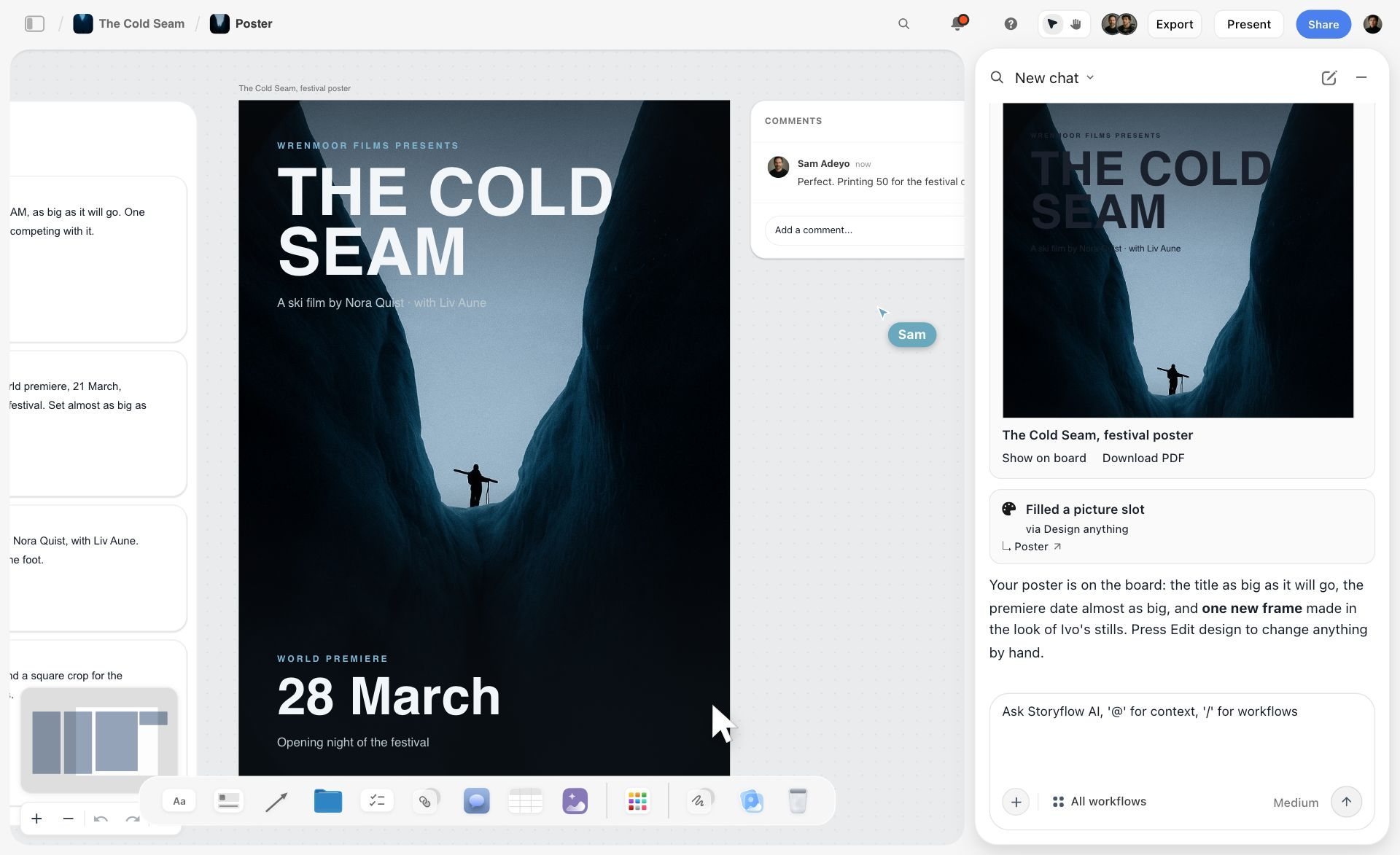 A film poster laid out on a Storyflow board by the AI, with the chat panel on the right showing the finished poster and Show on board and Download PDF actions, showing how a poster is laid out from the board it was planned on
