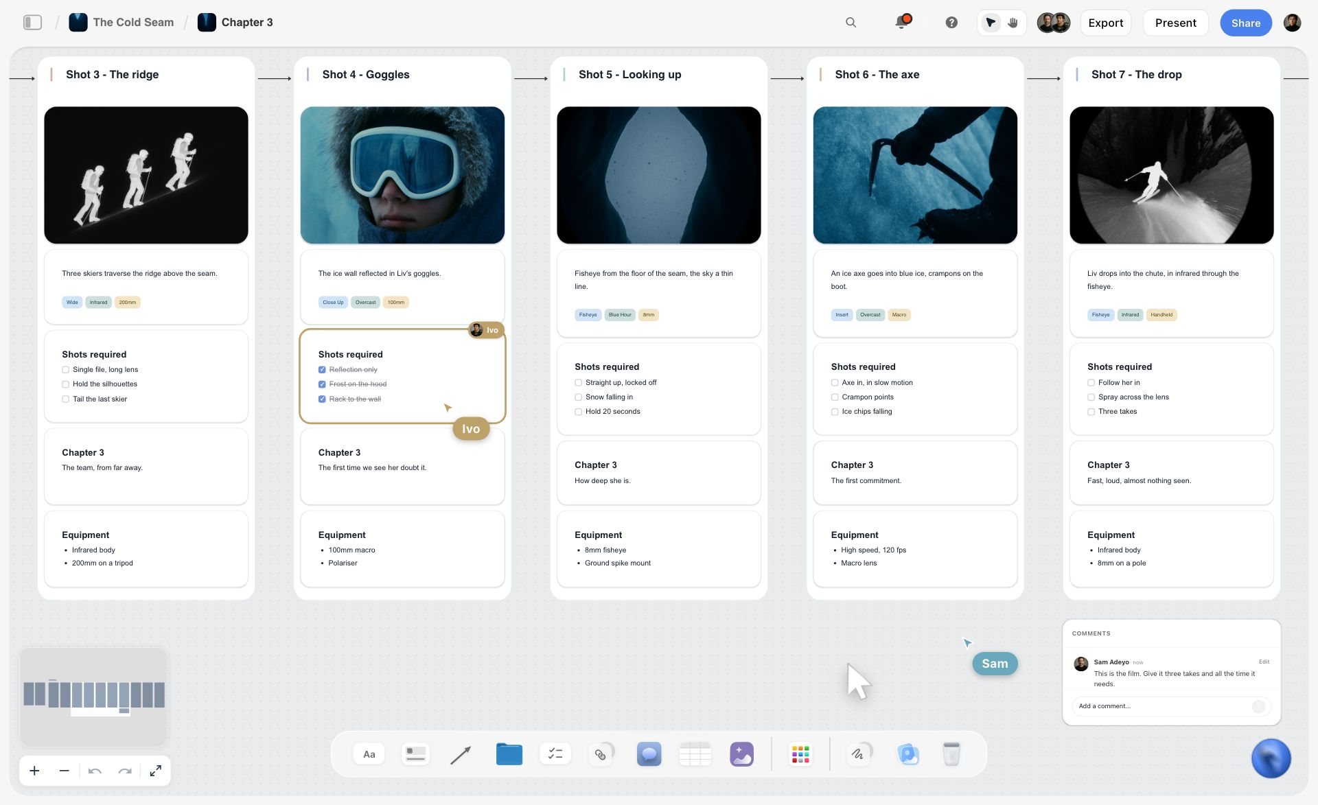 Storyflow's AI building a shot list on the board with a picture beside every shot, the AI step that can fill the sketch slot above a reference frame on Pro and Max.